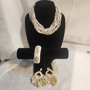 Set Of 3 Necklace Bangle Earrings. White Ivory Brown Boho Southwestern Wood